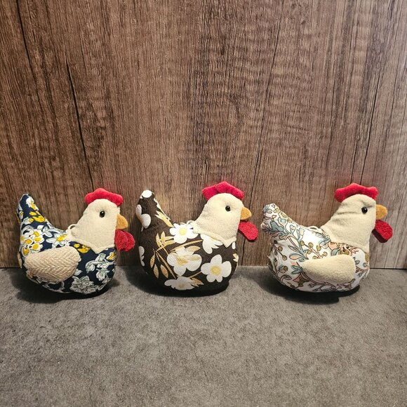 3 Fabric Chicken Ornaments Multicolor Floral Patterns Rustic Farmhouse Style - Picture 2 of 11